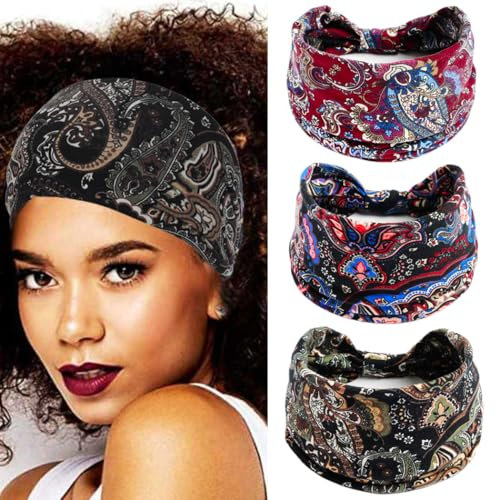Fashband Breite Stirnbänder, elastische Blumen-Haarbänder, Knoten, Yoga, Headwrap Vintage, Haarschmuck für Damen und Mädchen (3 Stück)