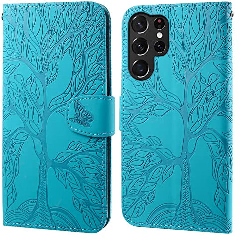 Aisenth Handyhülle für Samsung Galaxy S22 Ultra 5G, Baum Muster Leder Handytasche Brieftasche Klapphülle Etui Wallet Flip Case Schutz Hülle mit Kartenfächer, Aufstellfunktion -Blau Grün