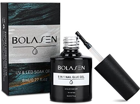 Bolasen Colle Faux Ongles en Gel UV 5 en 1 Avec Pinceau - Extra Forte pour Capsules et Pointes - Lampe UV/Led Requise - 8 ML