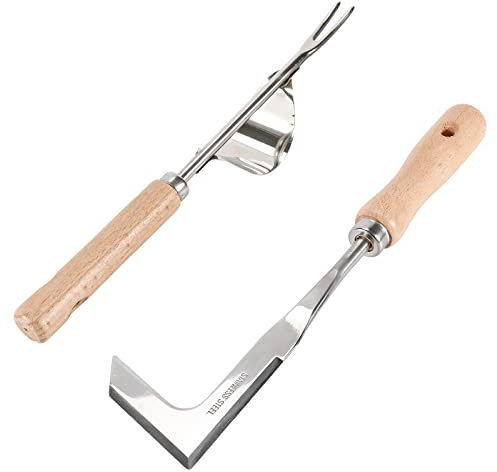 2 Pz Sarchiatrice manuale, Giardino Weeder, Acciaio Inox Forchetta da Giardinaggio, con Manico Ergonomico in Legno Naturale, per Diserbare Il Giardino, Scavare, Il miglior Regalo per Il Giardiniere