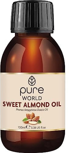 Pure World Natural Sweet Almond Oil 100ML 100% Pure and Naturral, Undiluted. Premium Quality Almond oil – Message, Skin, Nails, Body and Face, Edible Vegan.