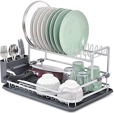 Partición flotante Escurridor de platos de aluminio de 2 niveles Escurridor de platos de instalación gratuita Escurridor de platos plegable Escurridor de platos con bandeja de goteo y escurridor de