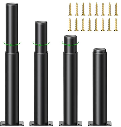 JOLIGAEA 4 Pièces Pieds de Meubles Réglables, 25cm Pied Cuisine Réglables, Hauteur Réglable est de 0 à 180 mm, Ronds Métal Acier Inoxydable Canapé Jambe Table Pieds, Pieds d'armoire avec des Vis, Noir