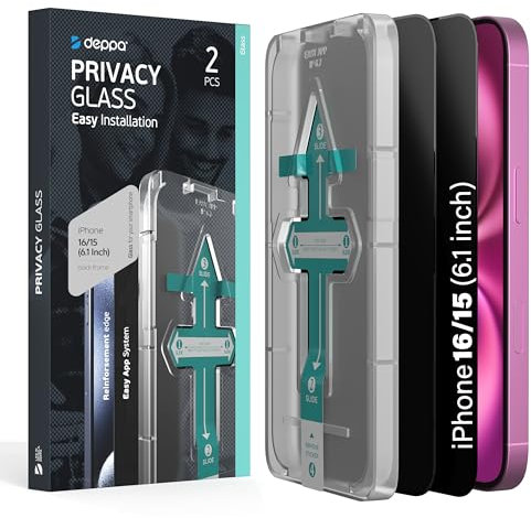 Deppa |2 Stück| Sichtschutz für iPhone 16/iPhone 15 (6.1') Schutzfolie mit Schablone | 9H Stoßfest | Vollständige Abdeckung | Blasenfreie, einfache Installation| PRIVACY