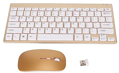 Kabellose Tastatur und Maus, USB Computertastatur, Keine Latenz, Schlankes Kabelloses Tastatur und Maus Set, LED Anzeige, Wasserdicht, Stromsparend, Kompakt für PC/Laptop, Büro(Gold)