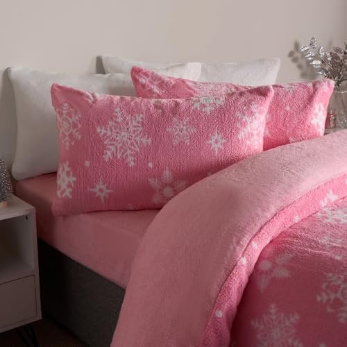OHS Christmas Bedding Single, Xmas Snowflake Teddy Fleece Duvet Set Super Soft Warm Thermal Winter Teddy Bear Bedding Comfy Cosy Christmas Duvet Set Single with Pillowcases, Pink