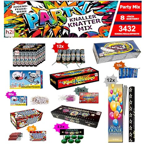 h2i Knaller Knatter Premium Mix | 3432 Teile | 8fach Sortiert & handverlesen| Partyspaß für Klein & Groß I für Silvester Halloween & Partys | Kinder & Jugendfeuerwerk | o | Ganzjahresfeuerwerk Kat F1