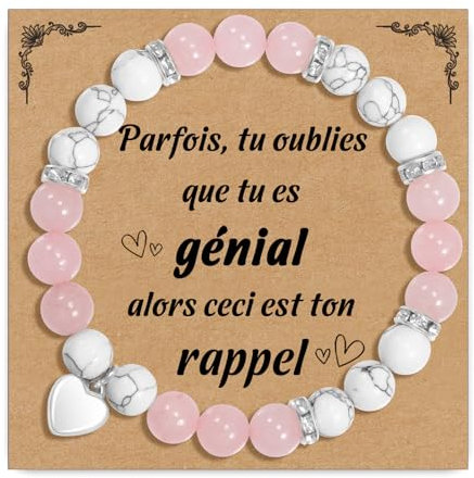 CheersLife Bracelet Femme Idee Cadeau Anniversaire Noël Bracelet Pierre Naturelle Bracelets de Perle Avec Pendentif en Cœur Cadeau Original pour Maman Fille Soeur Amie Couple