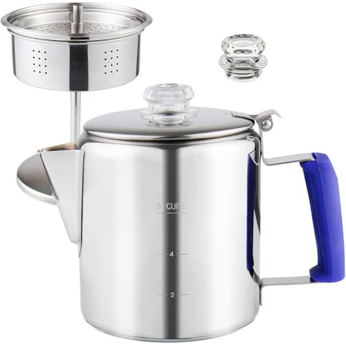Multi Use Percolator Coffee Pot Stainless Steel Stove Top Coffee Maker with Two Tough Borosilicate Glass Knob Silica Handle Camping Coffee Pot Using on Campfire Stove & Induction Cooker Silver 6 Cup