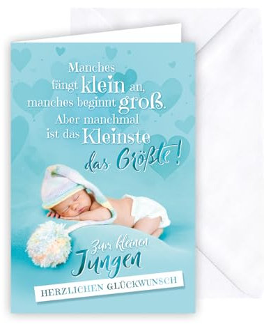 KE - Liebevolle Glückwunschkarte zur Geburt eines Jungen, inkl. Umschlag, DIN B6 Format, Karte zum Baby, weiß, Motiv: kleines liegendes Baby/blau mit herzlicher Widmung