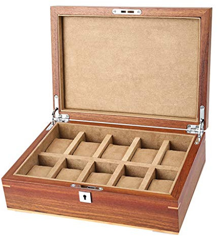 Uhrenbox mit Glasdeckel, 10 Fächer, Schmuck-Display, Aufbewahrungsbox, Holzarmband, Vitrine, Organizer für Männer/Frauen