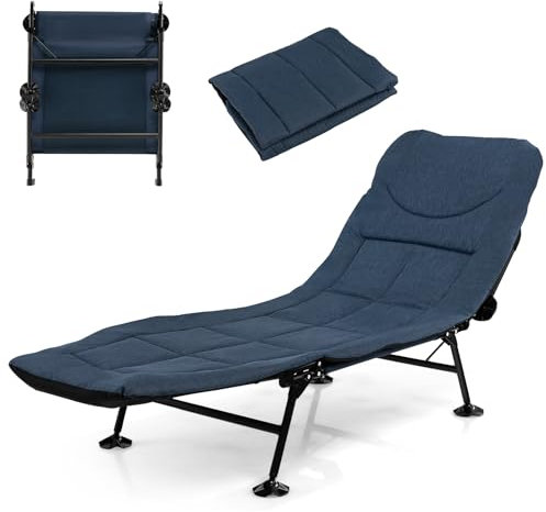 GOPLUS Lit de Camping Pliable avec Dossier Réglable, Lit de Camp Portable avec Matelas Amovible et Oreiller, Chaise Longue Inclinable, pour Maison, Randonnée, Charge 200 KG,194x69x29cm (Bleu)