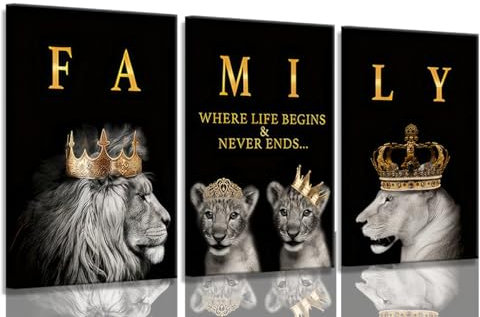 Leinwandbild, gerahmt, Motiv: König der Löwen und die Königin mit goldener Krone, modernes motivierendes schwarz-weißes Tier-Wanddekor, Gemälde für Zuhause, Schlafzimmer, Wohnzimmer, Büro, Dekoration,