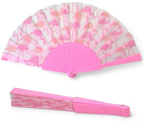MIJOMA Faltbarer Handfächer - Ultraleicht, Wasserabweisend für Sommerparty & Hochzeit, Farbenfrohes Design, 42x23cm (Flamingo Rosa)