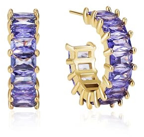 Mesovor Gold Zirkonia Creolen Ohrringe für Damen und Mädchen, 18 Karat Vergoldete Creolen in C-Form, Schmuck für Party, Abschlussball (Lila)