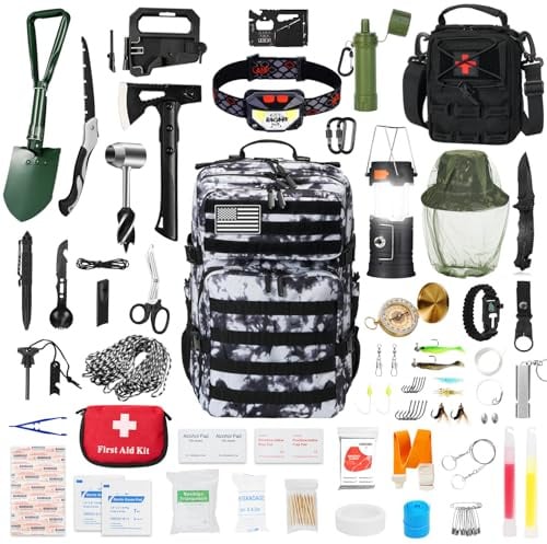 Skywod - Kit profesional de supervivencia - Kit de primeros auxilios y mochila de camping grande, equipo de camping para aventuras, senderismo, aventurero - (Blanco Camuflaje)