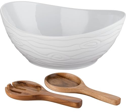 JINLINGCHUANG Salad Bowl,Good Salad Serving Utensil Set Which Has Wooden Spoon And Fork, Extra Large Ceramic Oval Salad Bowl,Fruit Bowl,Large Capacity 95OZ,Microwave Safe