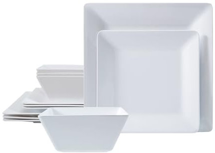 TP 12-teiliges quadratisches Geschirrset, Melamin-Geschirr-Set mit Schalen und Tellern, unzerbrechliches leichtes Tafelservice für 4