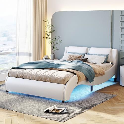 LATICO Polsterbett Doppelbett 140x200 cm, LED-Bett, Bettgestell mit Lattenrost, Flachbett Rückenlehne Bett Jugendbett Gästebett Kinderbett, Ohne Matratze, PU-Kunstleder (Weiß)