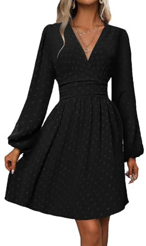 LIAMERHE Mini Robe Femme Manches Longues Col V Chic et Elegant Robes Manches Lanternes Automne et Hiver A-Line Casual Robe Casual pour Fête Noël Mariage Noir L