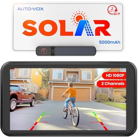 AUTO-VOX Solar Wireless Reversing Camera 5 1080P Monitor: 5000mAh Battery 2 Mins DIY Installation & 2 Split Screen Reverse Cameras Kit, IP69K Waterproof Reversing Camera for Car Van SUV Truck Trailer
