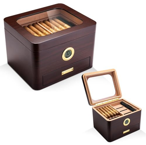 CIGARLOONG Humidor mit Schicht und integriertem Luftbefeuchter und Hygrometer und Schublade für 65 Zigarren, Zigarren-Humidor für Büro mit Glasplatte für Zigarrenliebhaber