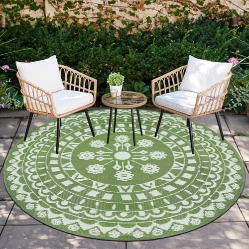 Capslpad Tapis de jardin rond extérieur ø180cm imperméable réversible en paille plastique style bohème tapis rond intérieur/extérieur pour jardin, camping-car, camping, balcon, arrière-cour, terrasse