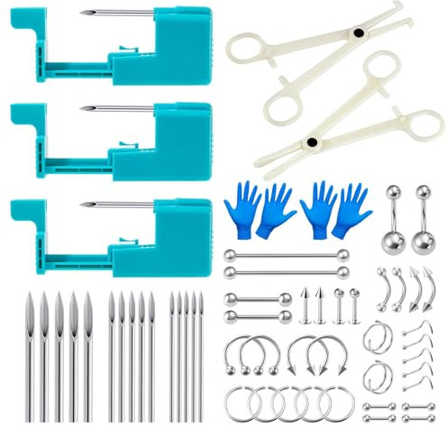Longbeauty 14G 16G 20G Körper Piercing Kit für Bauchnabel/Lippe/Zunge/Ohr/Nase/Augenbraue/Nippel Selbst Piercing Pistole Nadel Werkzeuge, 58 Pcs