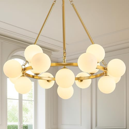 JUJUQI Moderne Gold Kronleuchter,Weißem Glas Globe Pendelleuchten,16-flammiger Hängeleuchte,Verstellbare Sputnik Kronleuchter Wohnzimmer,Esszimmer,Küche