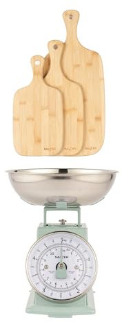 Salter Kitchen Scale & Chopping Board Set – Timeless Mechanical Baking Scale with 5kg Capacity and 1 Litre Bowl, Wooden Bamboo Chopping Boards, Set of 3, 30/35/45 cm, Charcuterie/Cutting Board