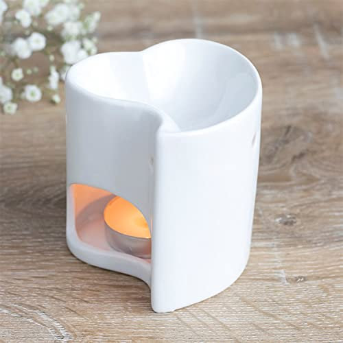 Ceramic White Heart Oil Burner – Small, Essential Oil Wax Warmer with Tealight Candle Holder, Home Decor Aroma Gift Lamp, for Women Men