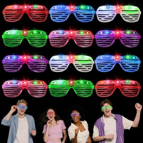 SCIONE Confezione da 12 Occhiali LED Shutter, Luci Giocattolo con Multi Colori & 3 Modalità Luce, Accessori per Feste Luminescenti, Sticks Luminosi per Feste per Compleanni, Decorazioni per Feste Neon