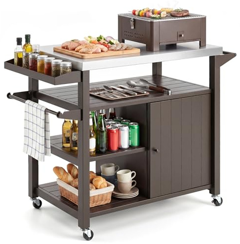 COSTWAY Grillwagen Outdoor, Grilltisch auf Rollen, Servierwagen mit Edelstahlarbeitstisch, 3 Ablagen, Schrank, Gewürzregal & Griff, Beistelltisch für BBQ, Hinterhof Garten Terrasse, Metall, Braun