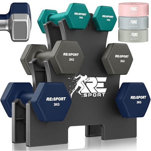 RE:SPORT® Hantelset 3 Paar, 1kg - 5kg, 12kg oder 18kg mit 3x Fitnessbänder | Rutschfeste Neopren Kurzhanteln für Damen & Herren inkl. Ständer | Hanteln Hantel-Set Workout Fitness Krafttraining