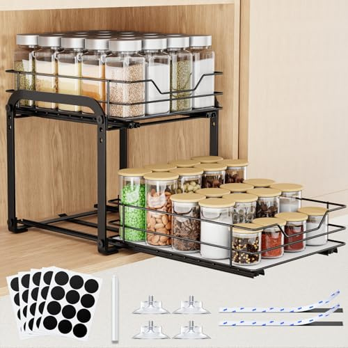 AHOMSEL Pull Out Spice Rack for Inside Cupboard, 2-Tier Metal Spice Rack with Adjustable Height, Heavy Duty Slide Out Spice Rack Organizer (23W X 26D X 23H cm)