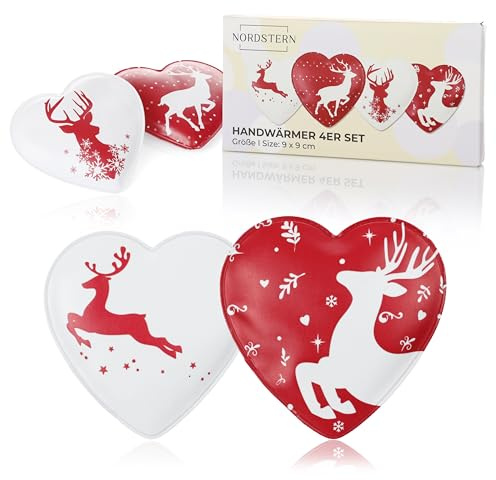 Nordstern Handwärmer Hirsch 4er Set - Wiederverwendbare Taschenwärmer für Kinder und Erwachsene - Taschen Wärmekissen in Herzform 10x9 cm