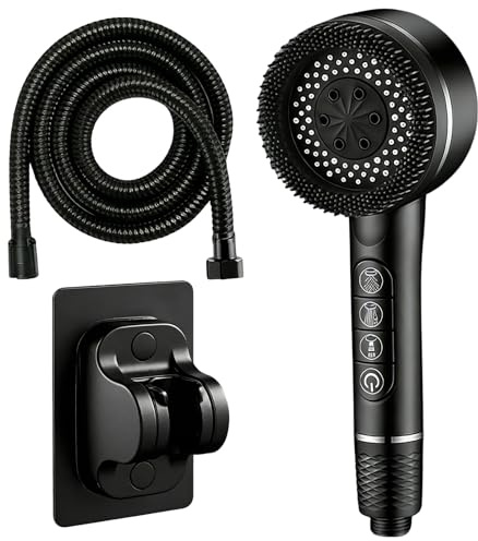 Senshuomy High Pressure Filtered Shower Head for Hard Water - Handheld Showerhead with 4 Spray Modes & On/Off Pause Switch, Includes 1.5m Hose and Adjustable Bracket (Black)