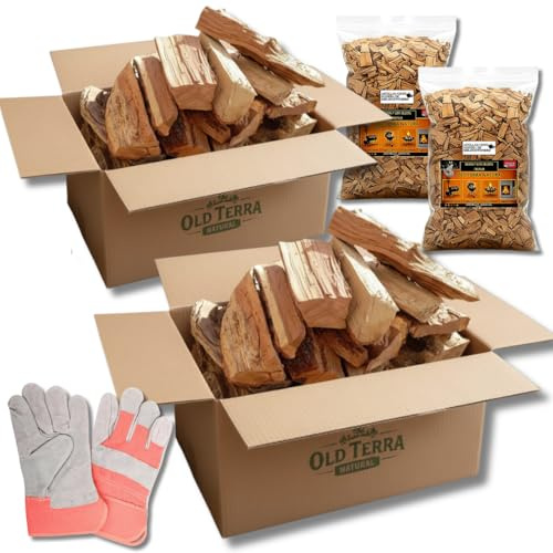OLD TERRA NATURAL | 2 boîtes à bois Premium 20 kg pour cheminée, barbecue et four à pizza | bûches sélectionnées, 2 copeaux de fruits et une paire de gants en cuir de qualité