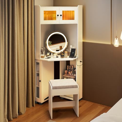 Multigot Corner Vanity Desk Set, Wooden Dressing Table Set | Space-saving Makeup Table Bedroom Cosmetics Dresser with Rotating LED Mirror, Charging Station and Lighted Top Cabinet