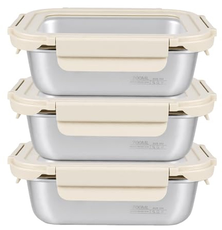 Bryzal 3 Pack Stainless Steel Food Storage Containers With Lids | Airtight Metal Food Container, Stackable Meal Prep Containers, Leakproof Metal Lunch Box for Kitchen Office Bento Snacks