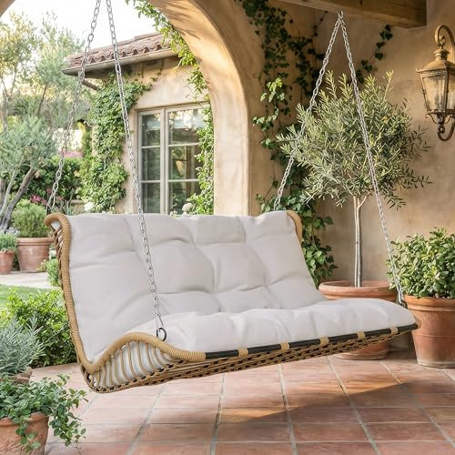 Merax PE-Rattan Schaukel-Doppelsitz, Hängeschaukel für Garten mit abnehmbaren & waschbaren Kissen, Outdoor-Schaukel mit Ketten, beige