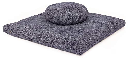 Bodhi Meditations-Set | Maharaja Collection | Meditationsmatte (Zabuton) & Meditationskissen Zafu mit Dinkelfüllung | Bezug aus Baumwolle | Unterlage zur Meditation (Mandala/Dunkelblau)