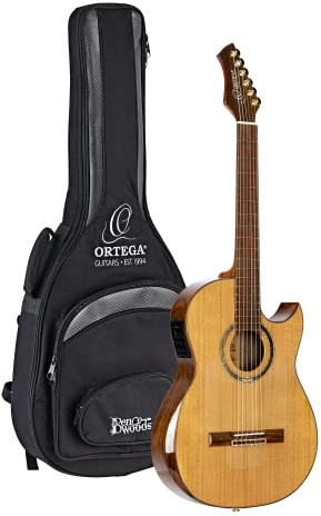 Ortega Guitars Konzert Gitarre Elektro-Akustisch – Slim Neck, Thinline Body – Signature Series – Inklusive Gig Bag und Schutzfolie – Massive Rotfichte, Walnuss, Natur (FLAMETAL-TWO)