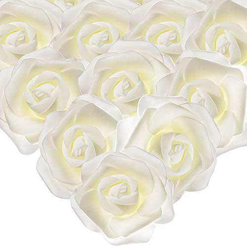 MEJOSER 50PCS Rose Blanche Artificielle 7cm Tête de Fleur Blanc Décoration Mariage Party Cérémonie Accessoire de Cheveux (Laiteux)
