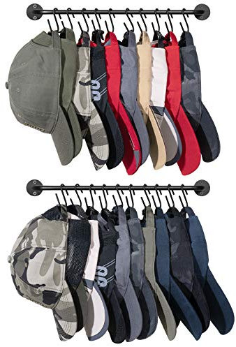 Mkono Hutablage für Wand Baseballkappen-Organizer Kleiderbügel mit 20 Haken Moderner Metall Huthalter Wandmontierte Caps Display für Schranktür Schlafzimmer Eingang Wäsche, 2er Set,Schwarz