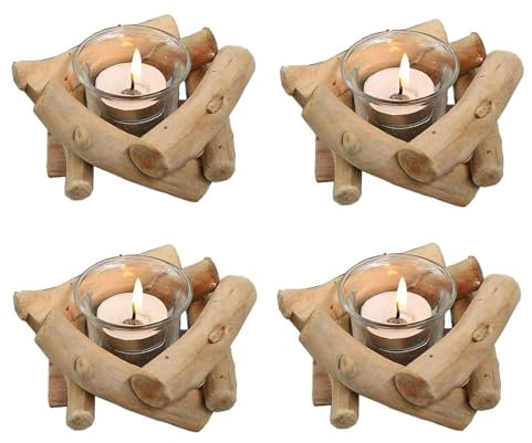 Sziqiqi 4 Pièces Bougeoirs en Bois pour Bougies Chauffe-Plat, Decorative Bougeoir Rustiques avec Verre Chandeliers Photophore pour Centre de Table de Mariage Ferme Salon Maison Interieur Décorations
