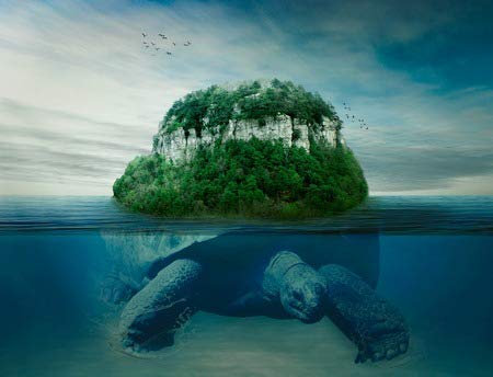 adrium Holz-Bild 120 x 90 cm: Collagen-Riesen-Welt-Turtel-Tragende-Insel die Erde auf dem Rückenschwimmen unter der Meeresoberfläche in blauem Wasser schwimme (33216839)