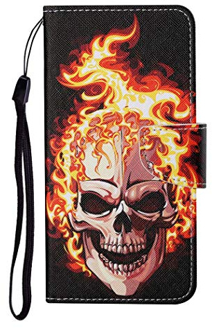 AIFILLE Schwarz Handyhülle für Samsung Galaxy S10 (6.1 Zoll) Junge Mädchen Hülle mit Muster Feuer Schädel Premium PU Leder Klappbar Flip Case mit Magnet Kartenfach Standfunktion Tasche Schutzhülle
