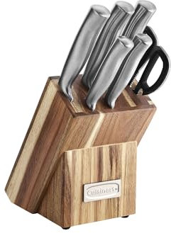 Cuisinart C77SS-7P - Juego de cuchillos de preparación de acero inoxidable de 7 piezas, hojas de corte de precisión de bloque de acacia, asas ergonómicas