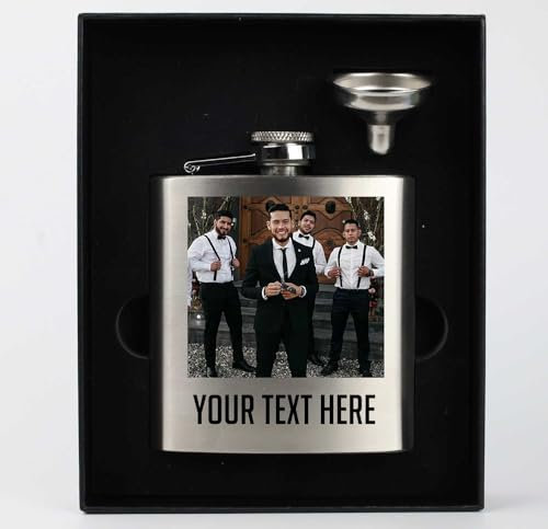 Personalised 177ml Stainless Steel Flask - Metal Hip Pocket Discreet Flask – Custom Groomsmen Gifts – Liquor Whiskey Gifts for Men Women, Printed Photo